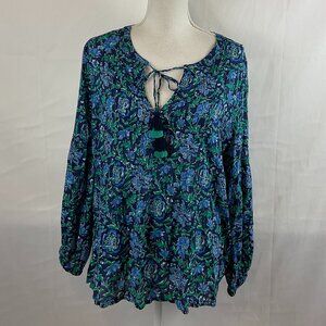 Vineyard Vines Blouse XL Navy Blue Green White Floral Print Tie Tassel Detail